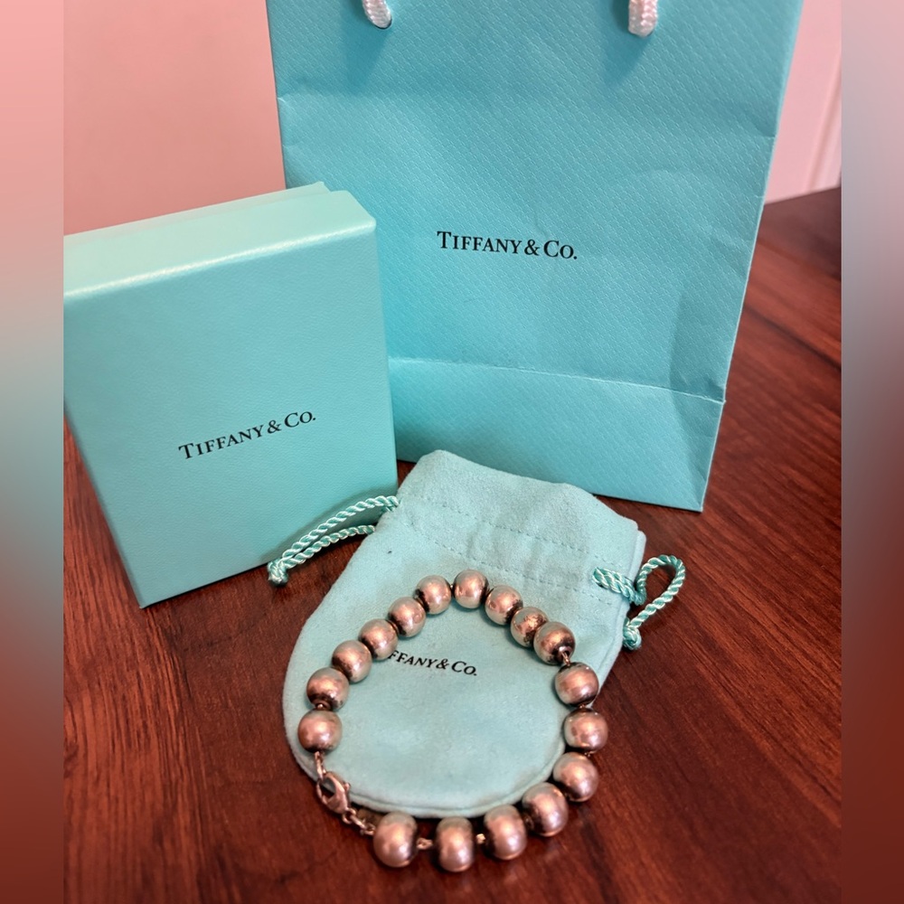 Tiffany & Co. Silver Bead Bracelet with Blue Pouch